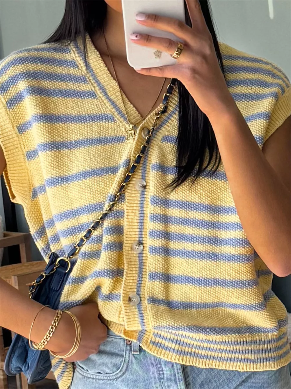 Striped Knit Button Up Cap Sleeve Cardigan, image 3