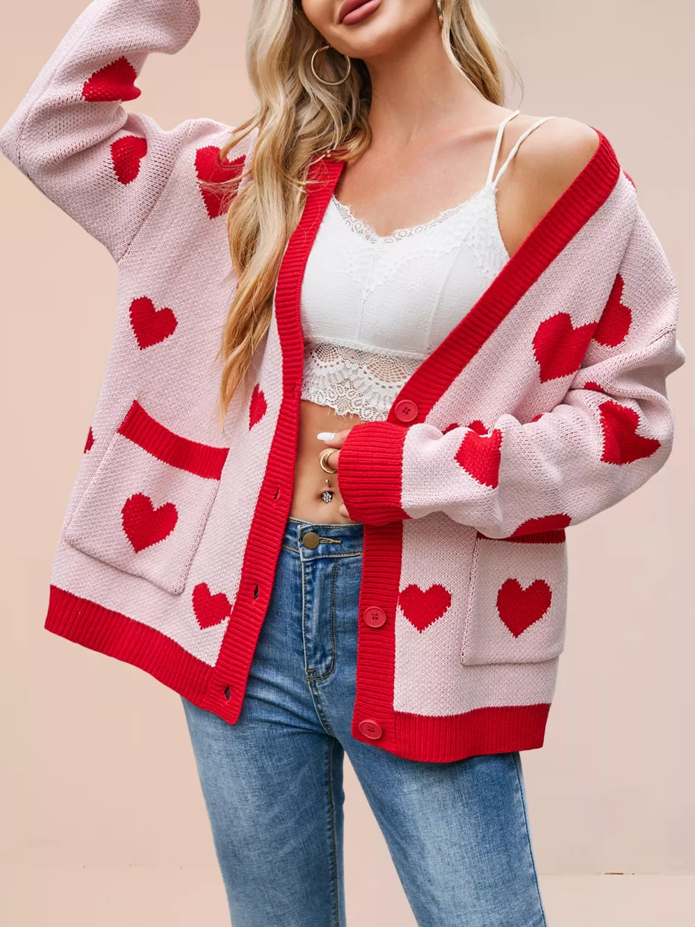 Heart Pattern Button-Up Knit Cardigan, image 3