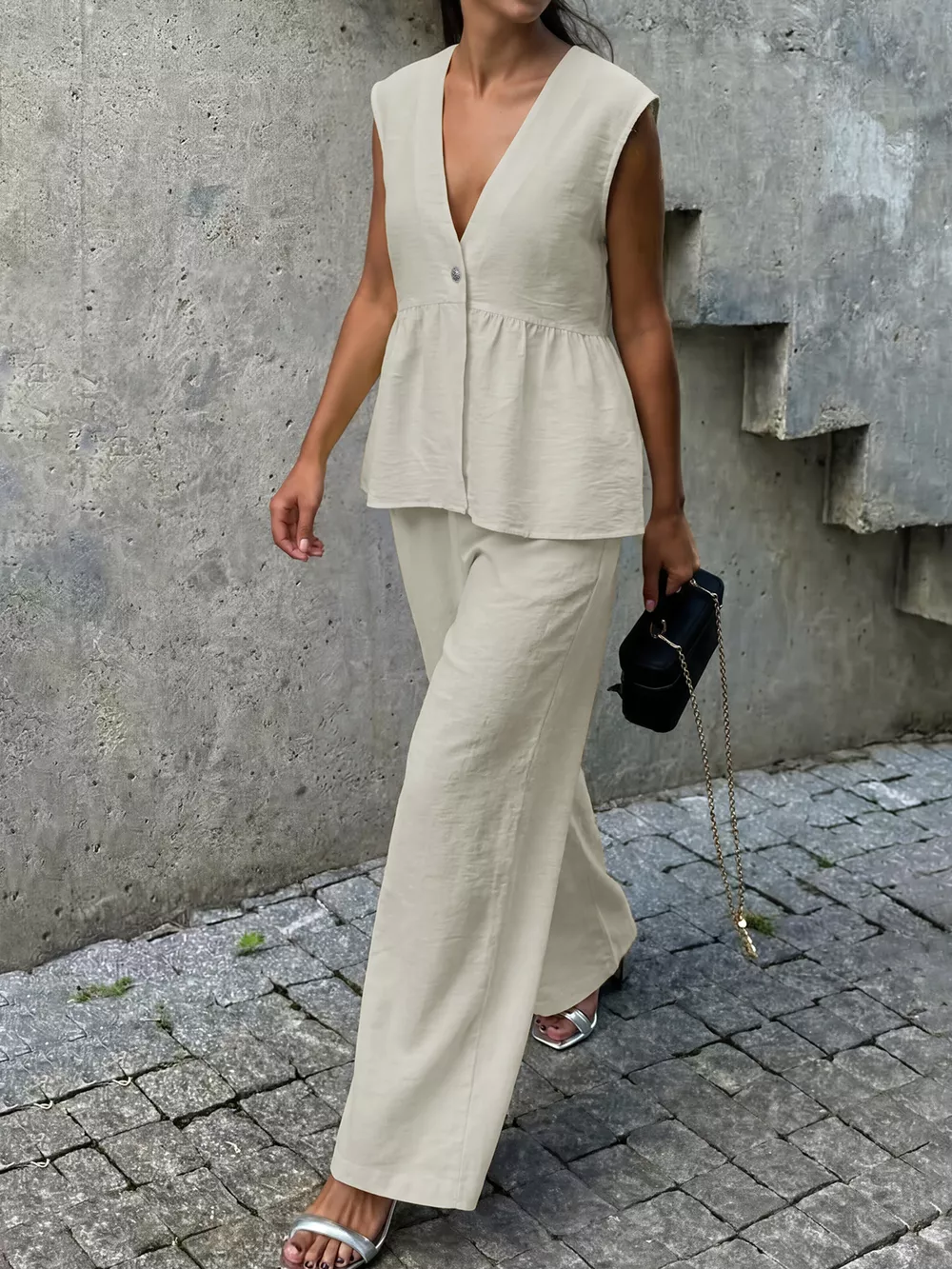 One Button Top and Wide Leg Pants Set, image 6