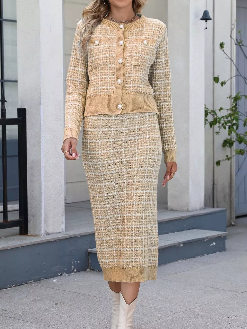 Plaid Knit Cardigan and Midi Skirt Sweater Set, image 12