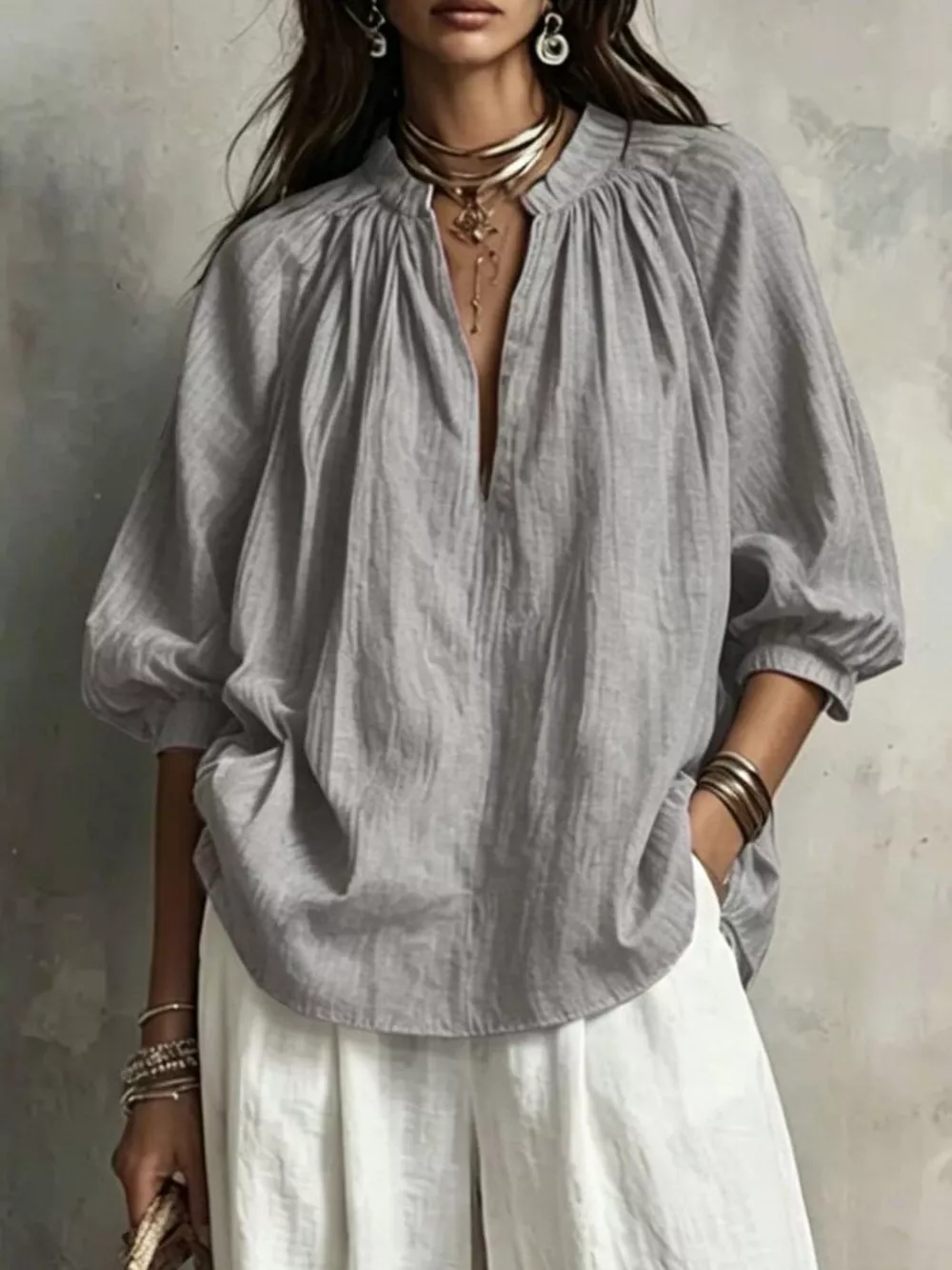Notched Blouse and Wide-Leg Pants Set, image 11