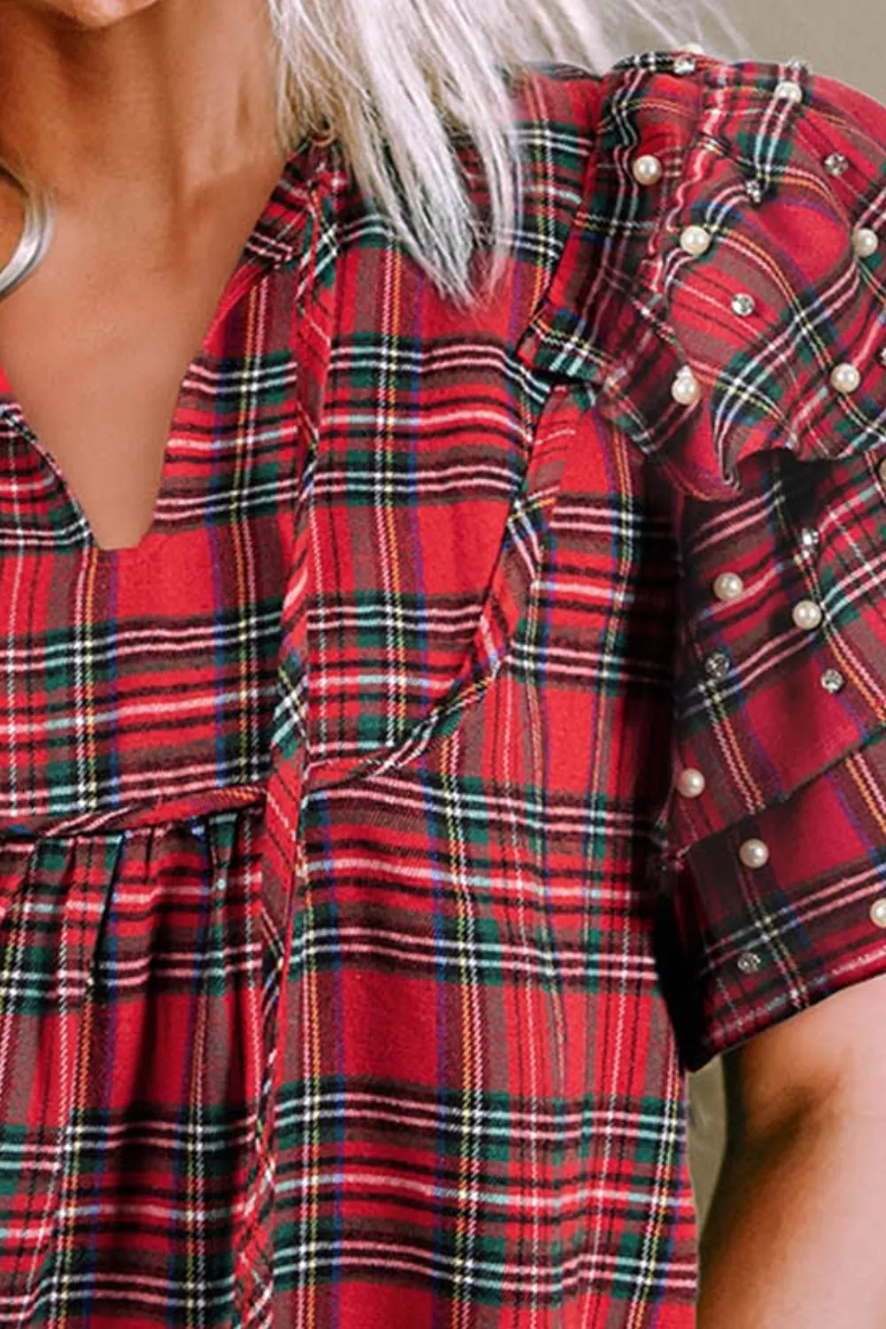 Plaid Pearl-Embellished Tie Neck Blouse, image 3