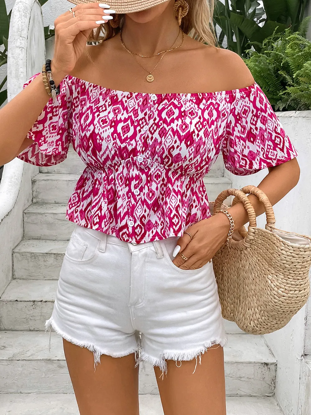 Peplum Printed Off-Shoulder Short Sleeve Blouse, image 3