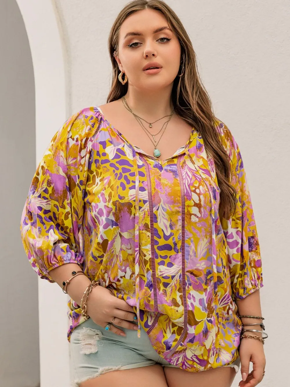 Plus Size Printed Tie Neck Blouse, image 3