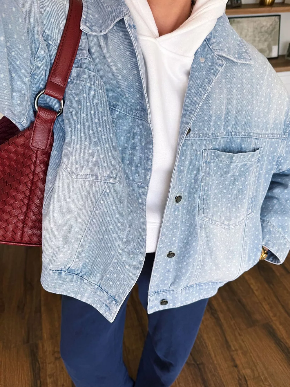 Polka Dot Long Sleeve Collar Pocket Casual Shift Silhouette Denim Jacket, image 6