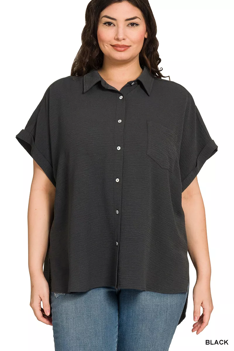 Full Size Woven Airflow Button Down Shirt Plus Size, image 4