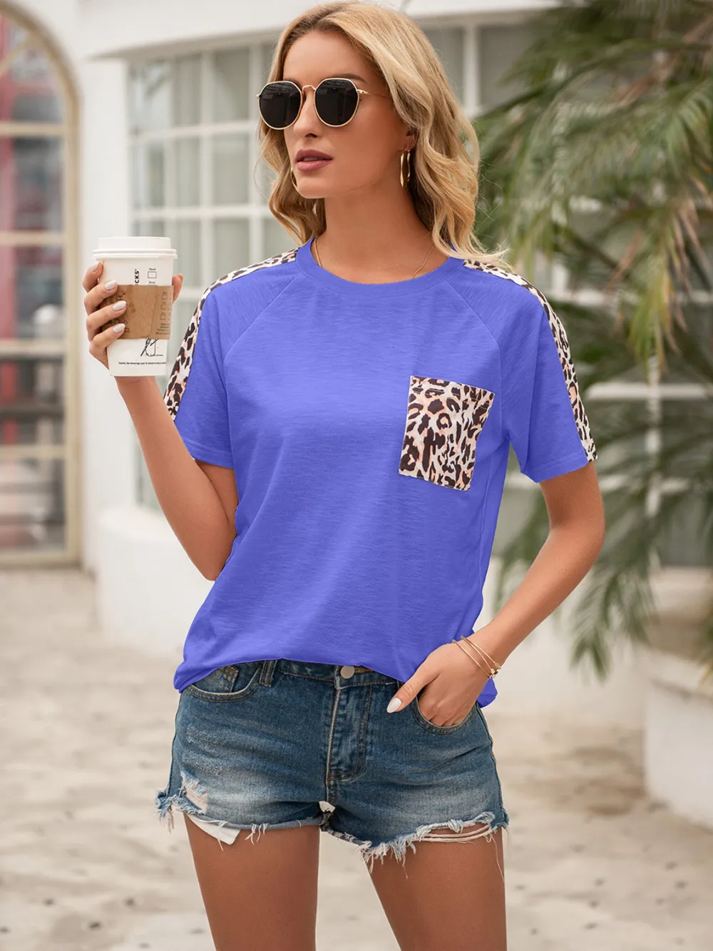 Pocketed Leopard Round Neck Short Sleeve T-Shirt, image 7