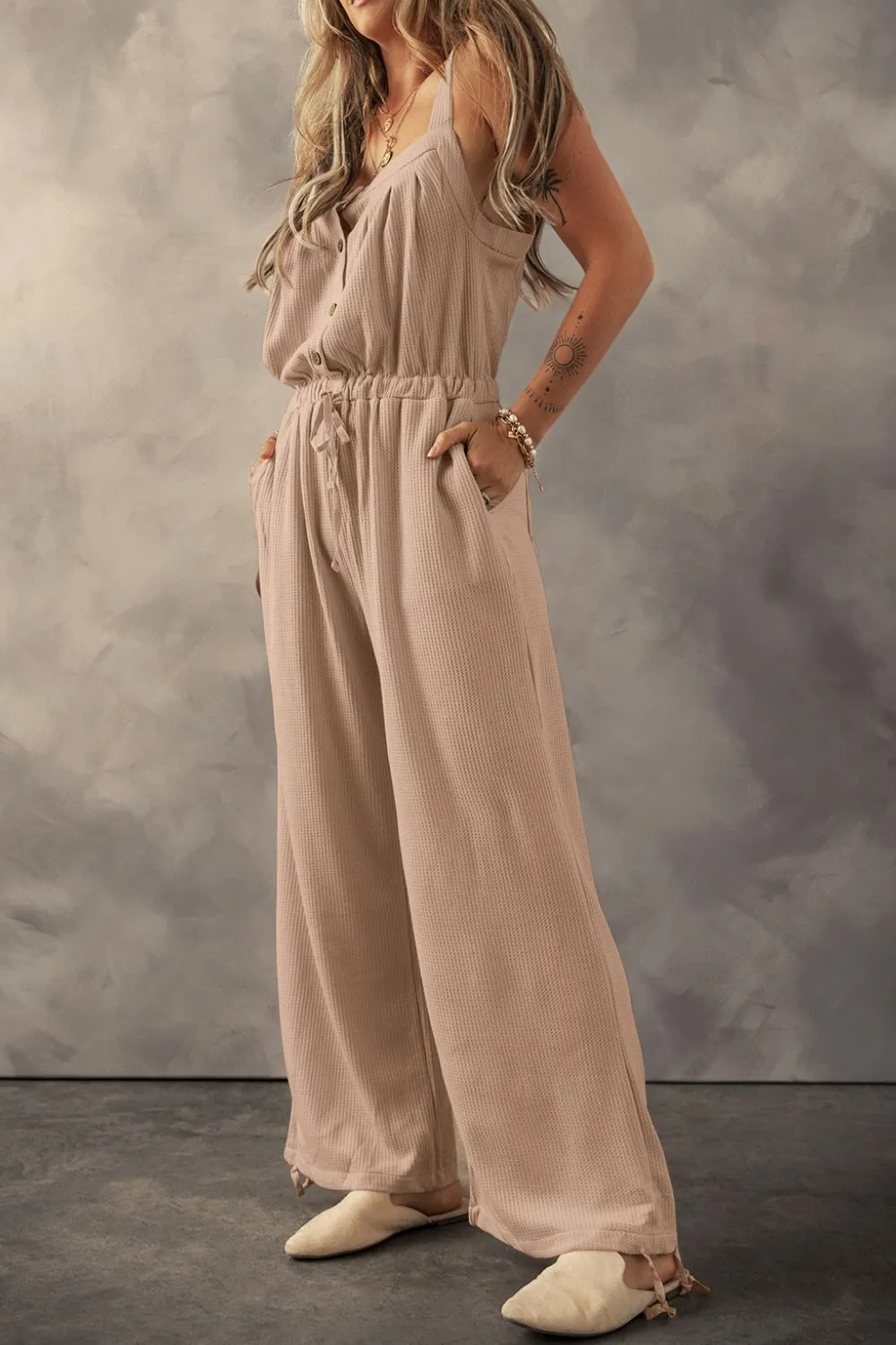 Knotted Straps Button Textured Drawstring Jumpsuit, image 11