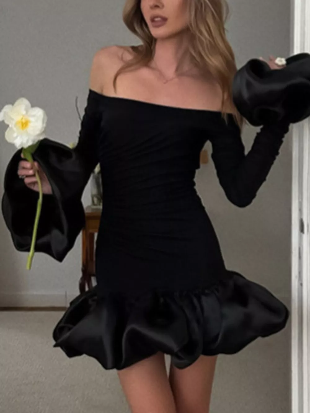 Off-Shoulder Ruffle Hem Mini Dress