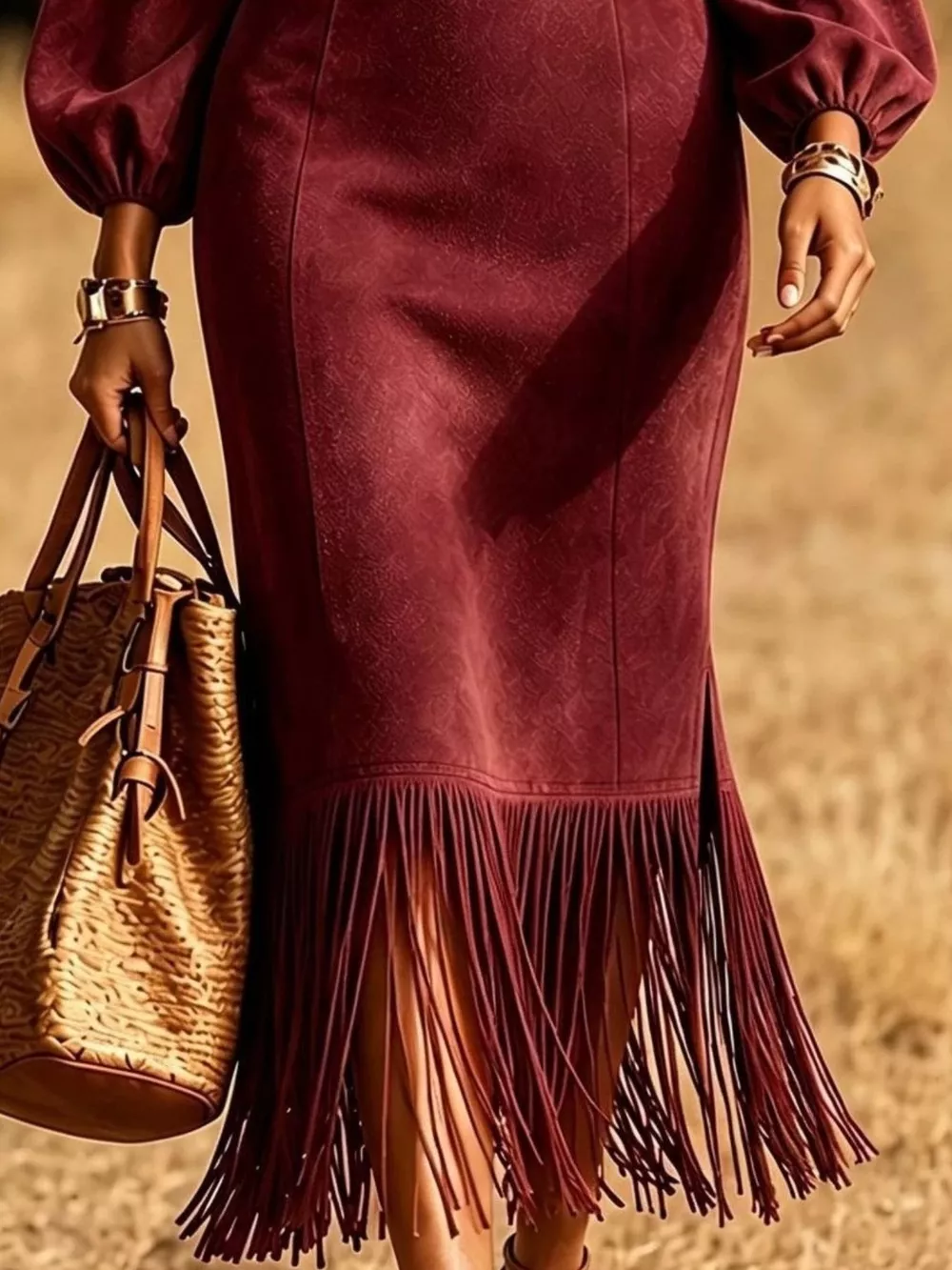 Fringe Round Neck Balloon Sleeve Dress, image 6