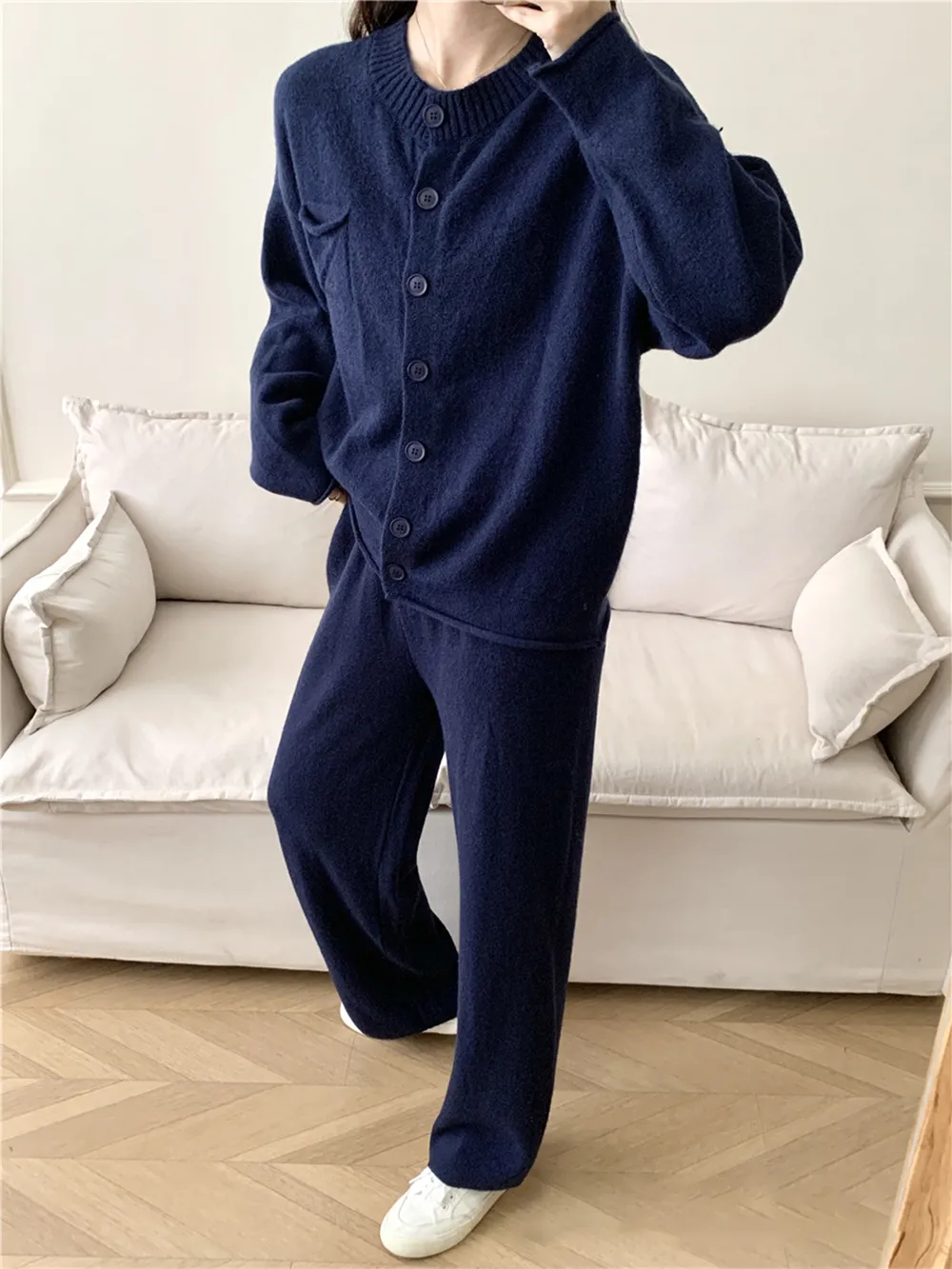 Pocketed Round Neck Button Up Cardigan and Pants Sweater Set, image 8