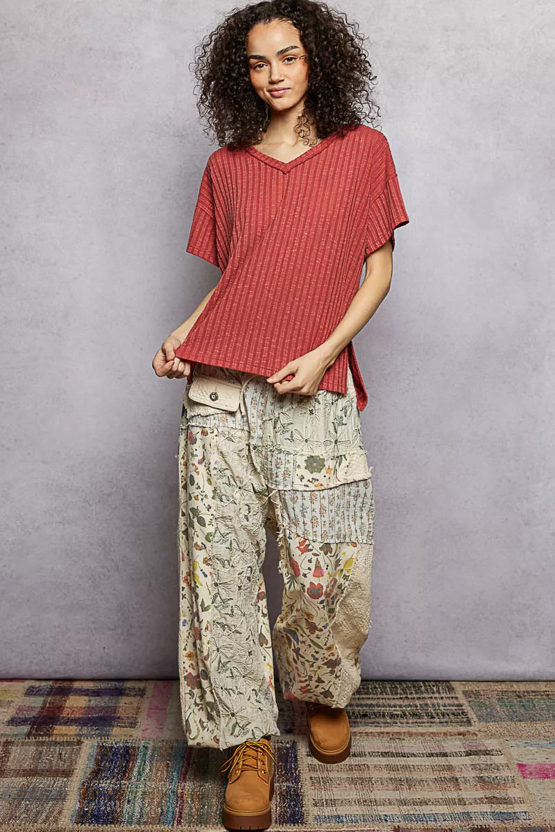Ribbed Knit V-Neck Short Sleeve T-Shirt with Side Slit, image 7