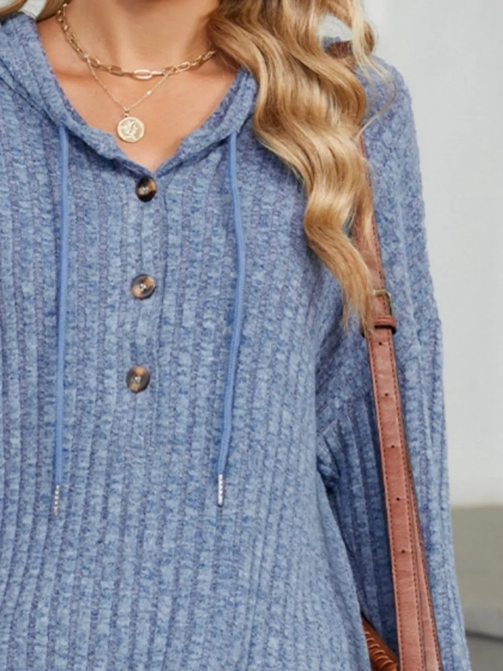 Casual Ribbed Knit Button Detail Hoodie, image 17