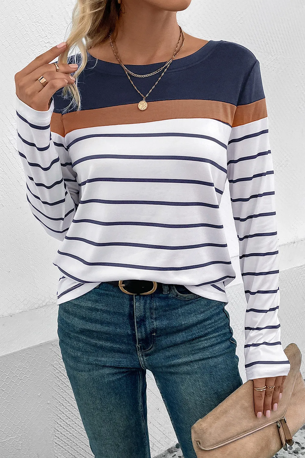 Striped Round Neck Long Sleeve T-Shirt, image 8
