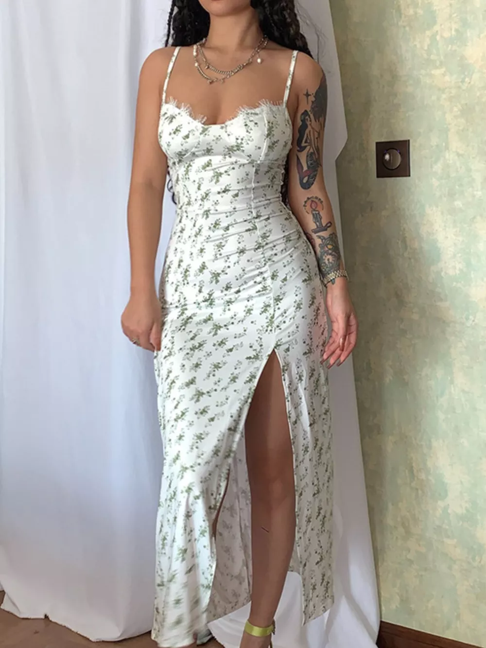 Floral Print Lace Trim Slit Midi Dress, image 12