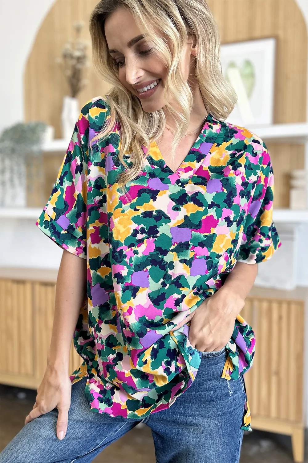 Full Size Printed V-Neck Short Sleeve Side Slit Top, image 7