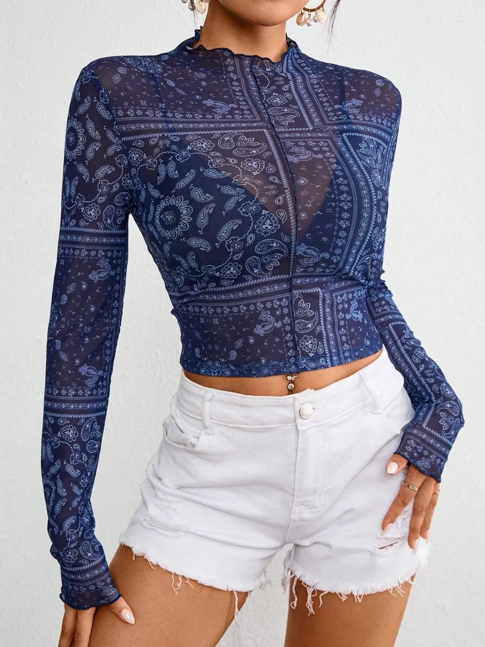 Paisley Mock Neck Long Sleeve Sheer Top, image 5