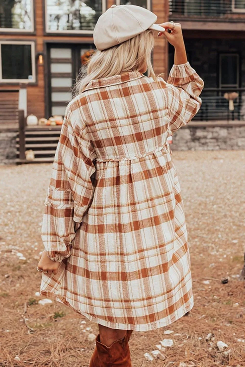 Plaid Collared Neck Long Sleeve Mini Shirt Dress, image 5
