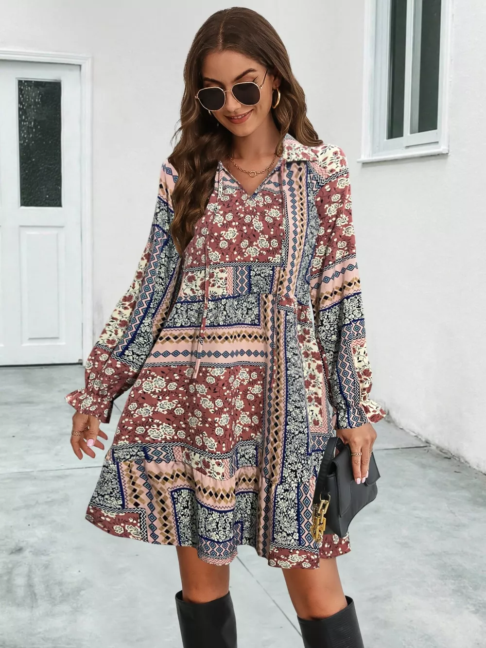 Boho Floral Print Long Sleeve Mini Dress, image 6
