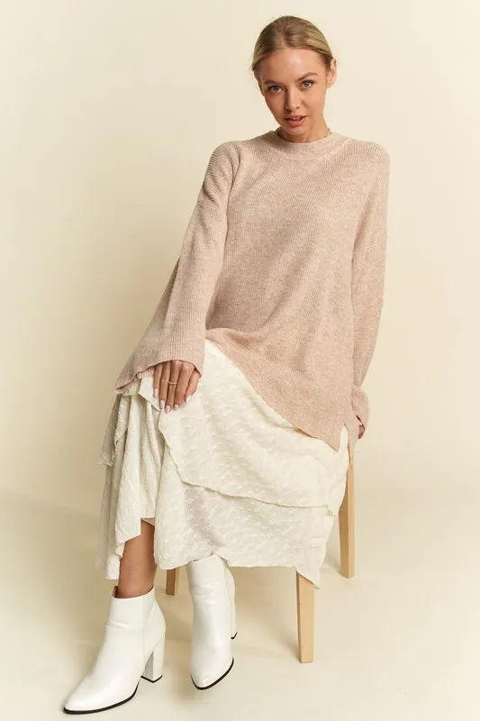 High-Low Round Neck Drop Shoulder Sweater, image 5