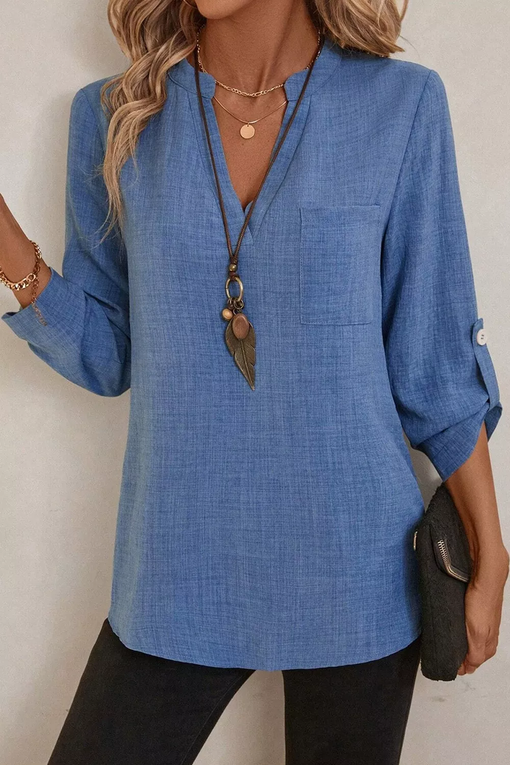 Casual Roll-Up Sleeve Notched Blouse, image 8