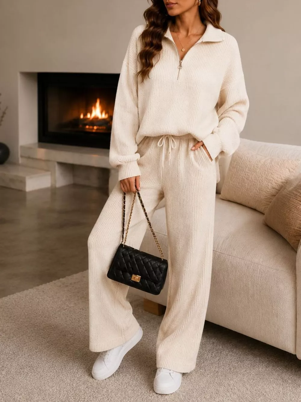 Cozy Ribbed Knit Quarter-Zip Top and Wide-Leg Set