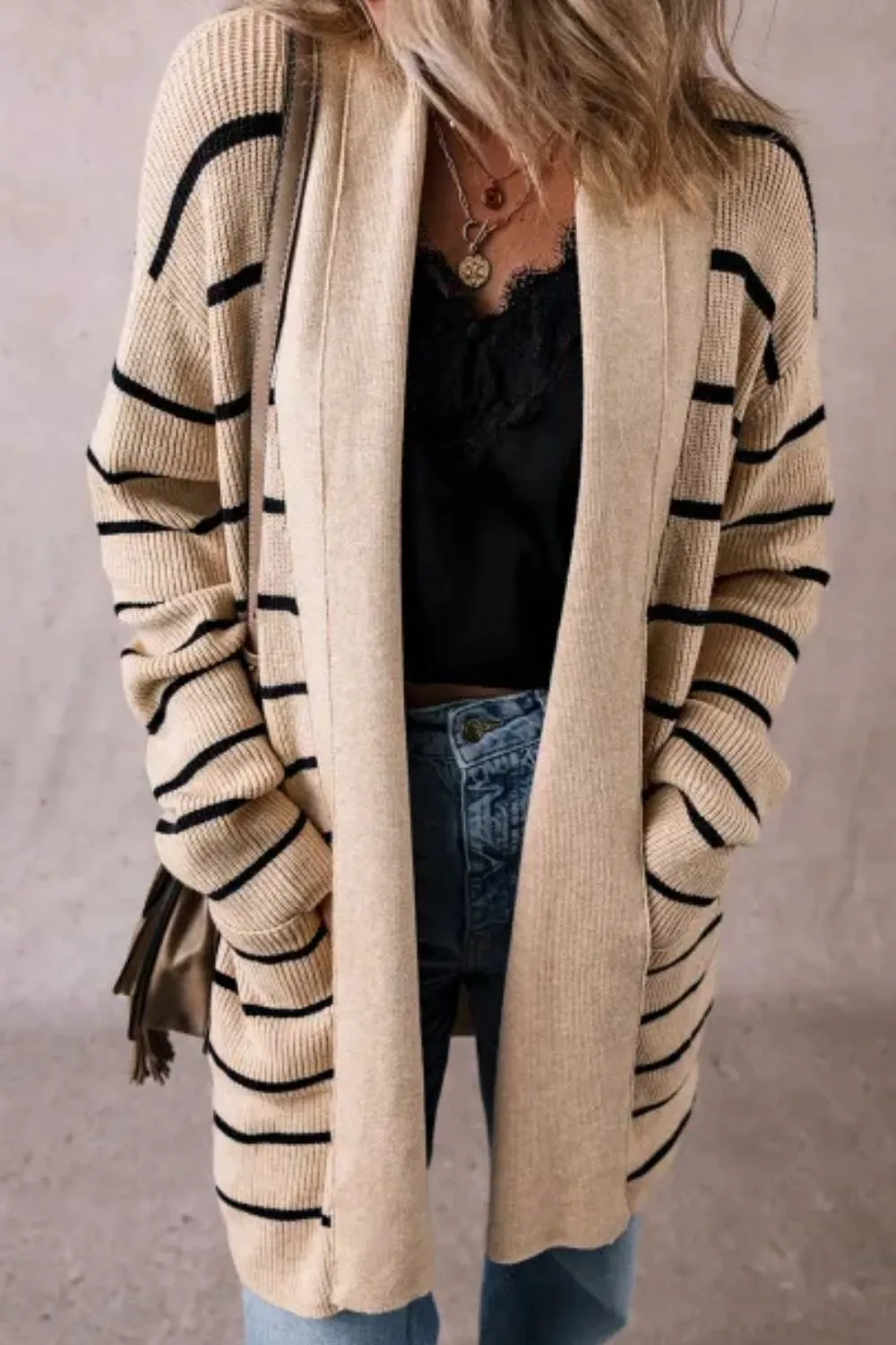 Striped Open Front Long Sleeve Cardigan, image 3