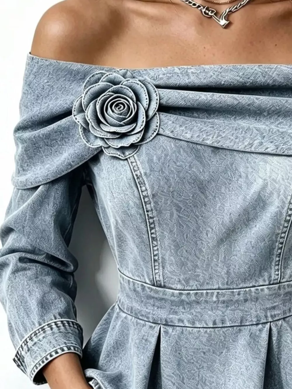 Full Size Off-Shoulder Floral Denim Look Top Plus Size, image 6