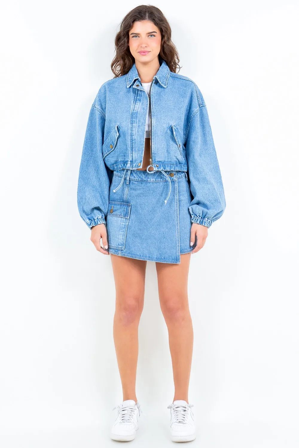 Drawstring Waist Crop Denim Jacket, image 3