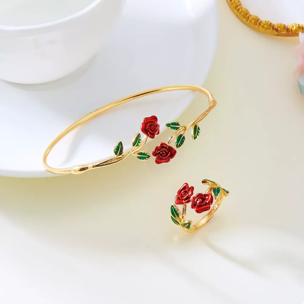 Rose Bypass Ring and Bracelet Jewelry Set, image 3