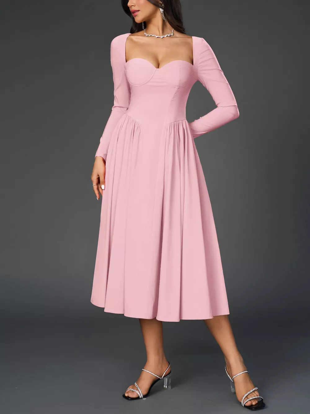 Sweetheart Neckline Long Sleeve A-Line Midi Dress, image 29