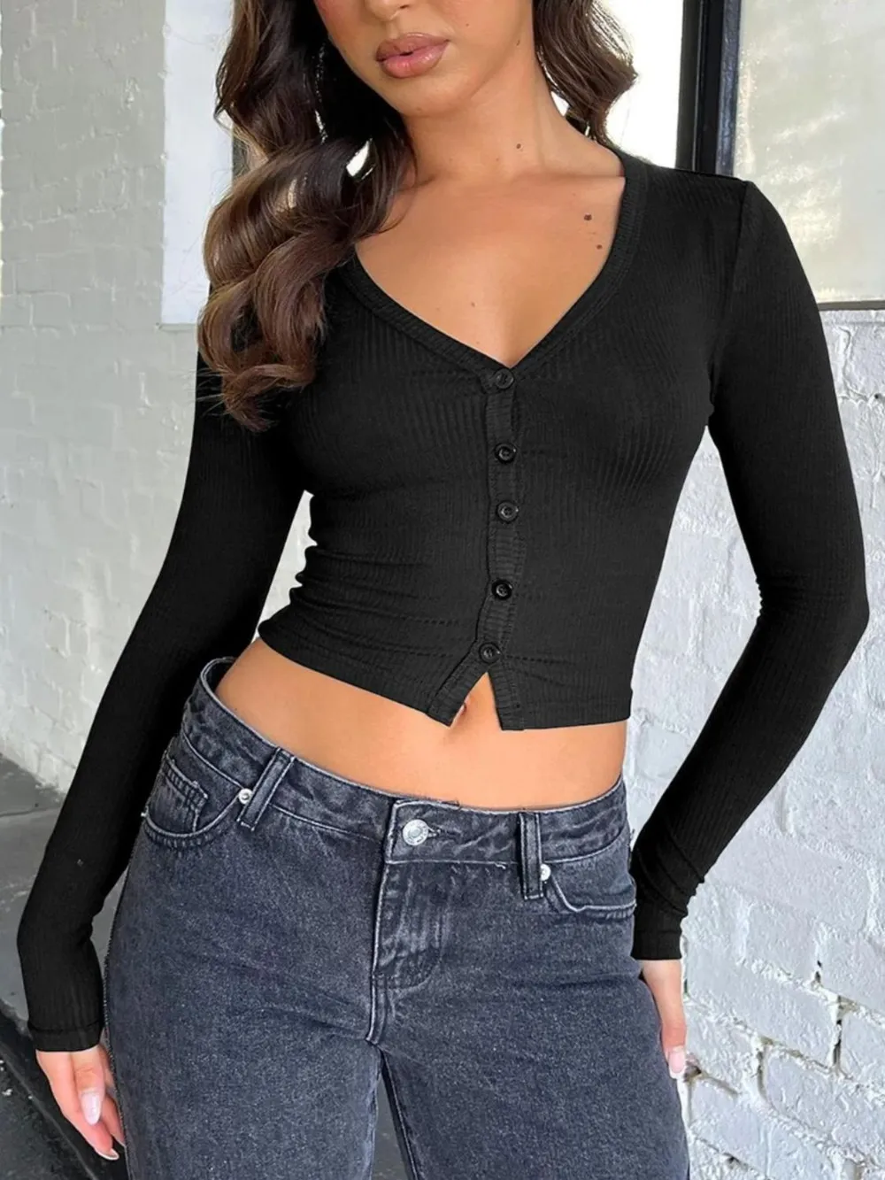 Buttoned V-Neck Long Sleeve T-Shirt, image 7