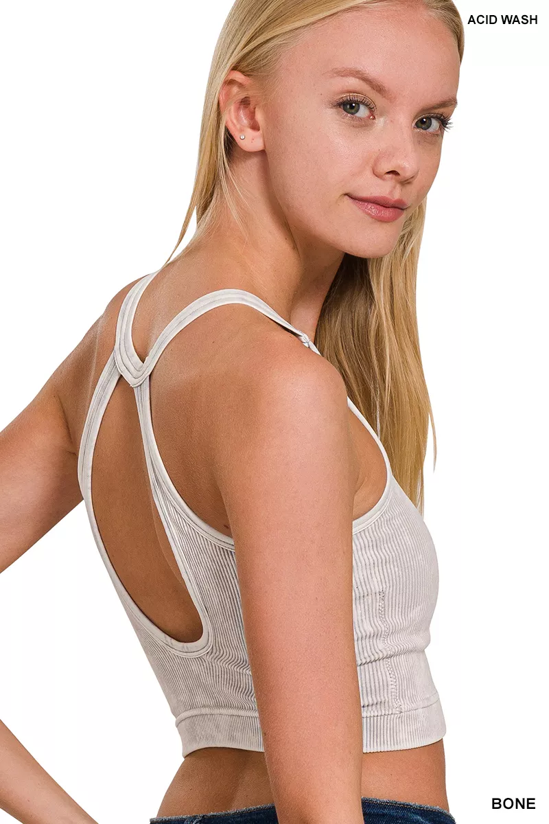 Washed Ribbed Seamless Button V-neck Tank Top, image 2