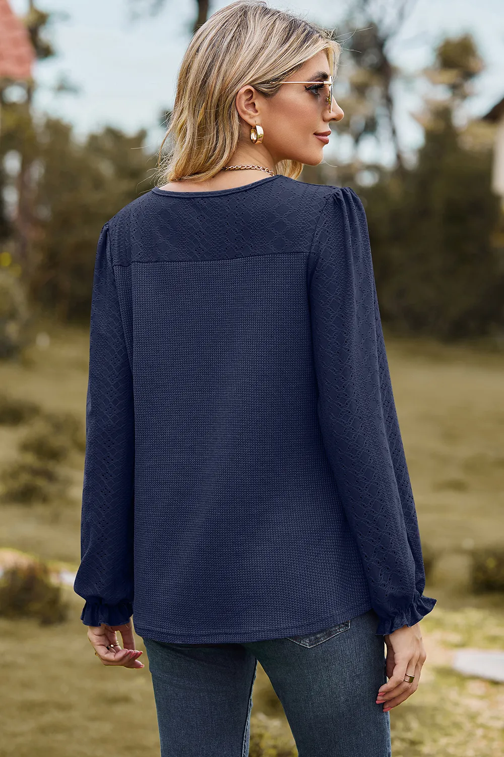 Eyelet Round Neck Flounce Sleeve T-Shirt, image 10