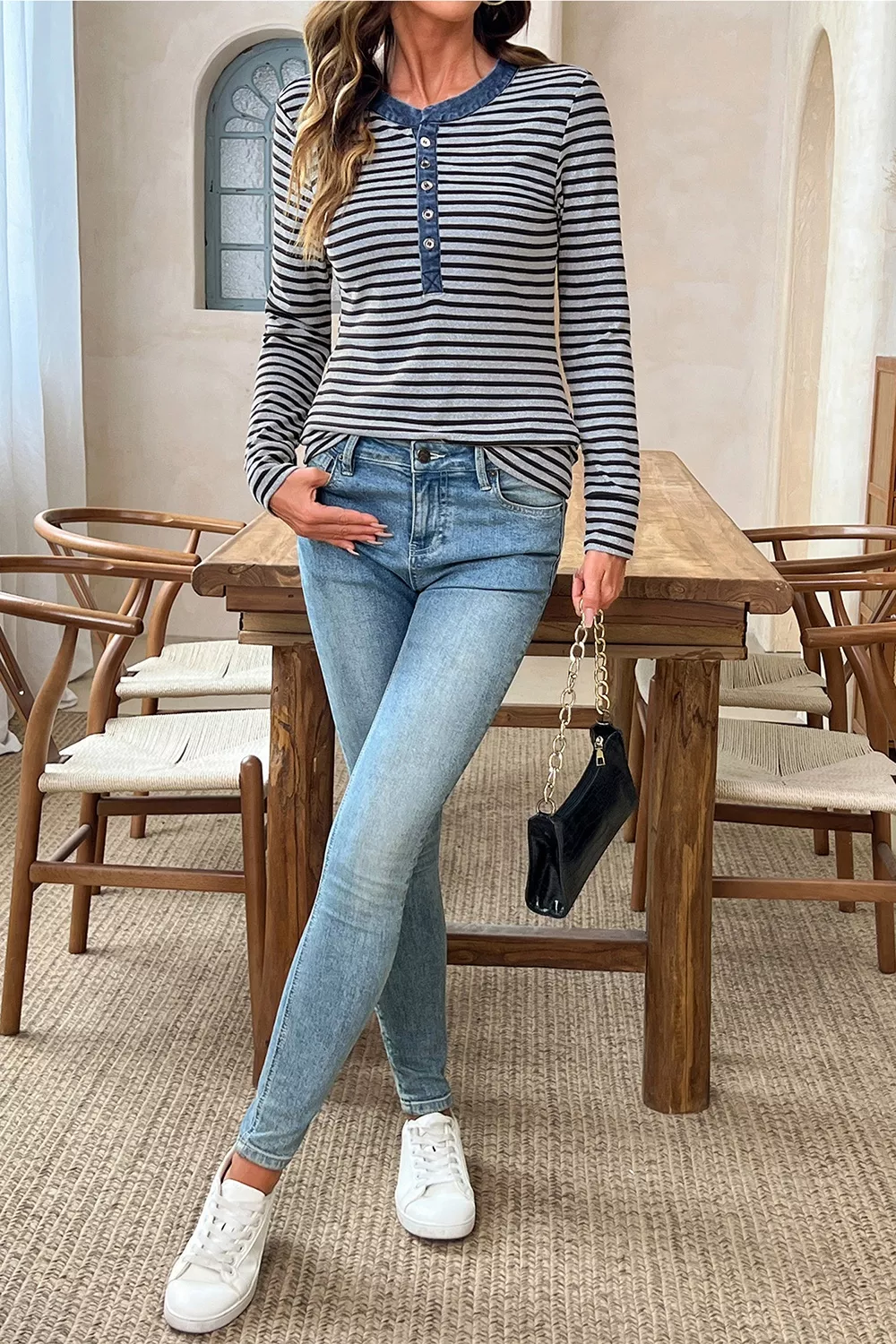 Stripe Denim Contrast Collar Half Button Long Sleeve Top, image 7