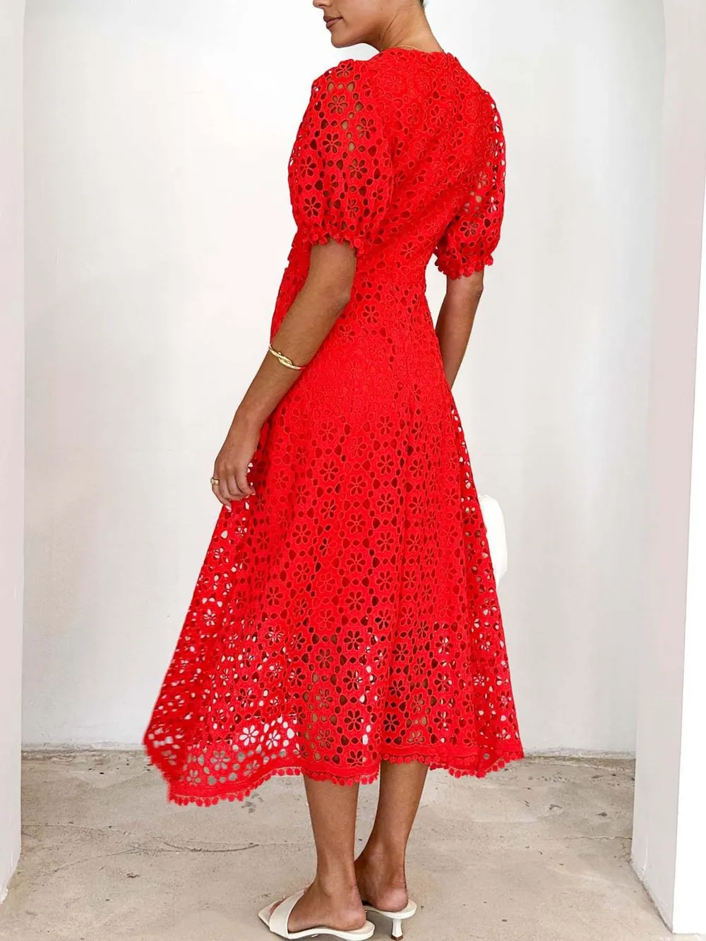 Eyelet Lace V-Neck Midi Dress with Puff Sleeves, image 16