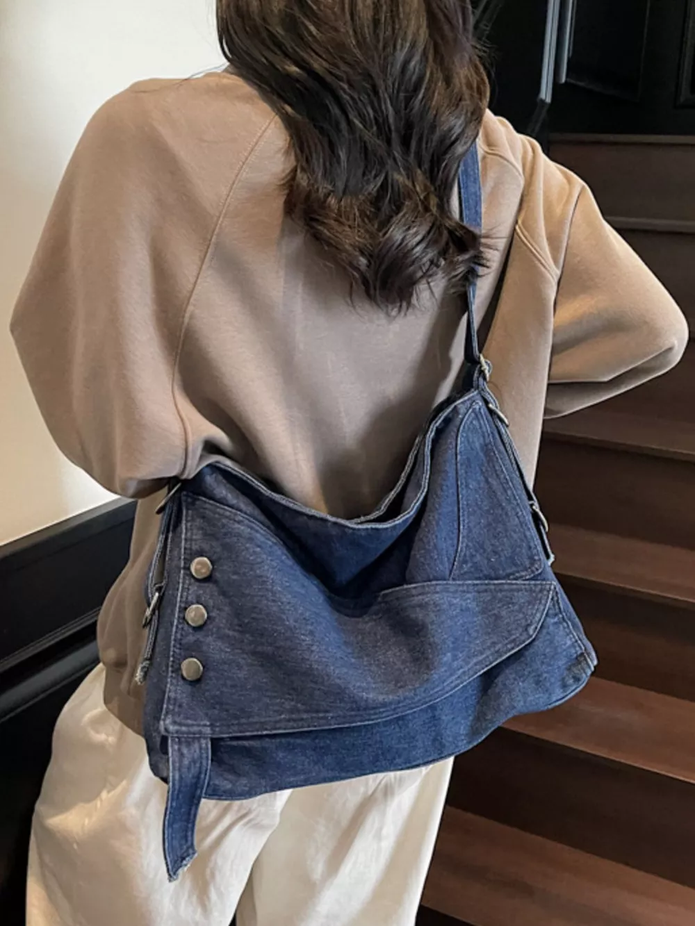 Casual Denim Crossbody Bag with Button Detail, image 4