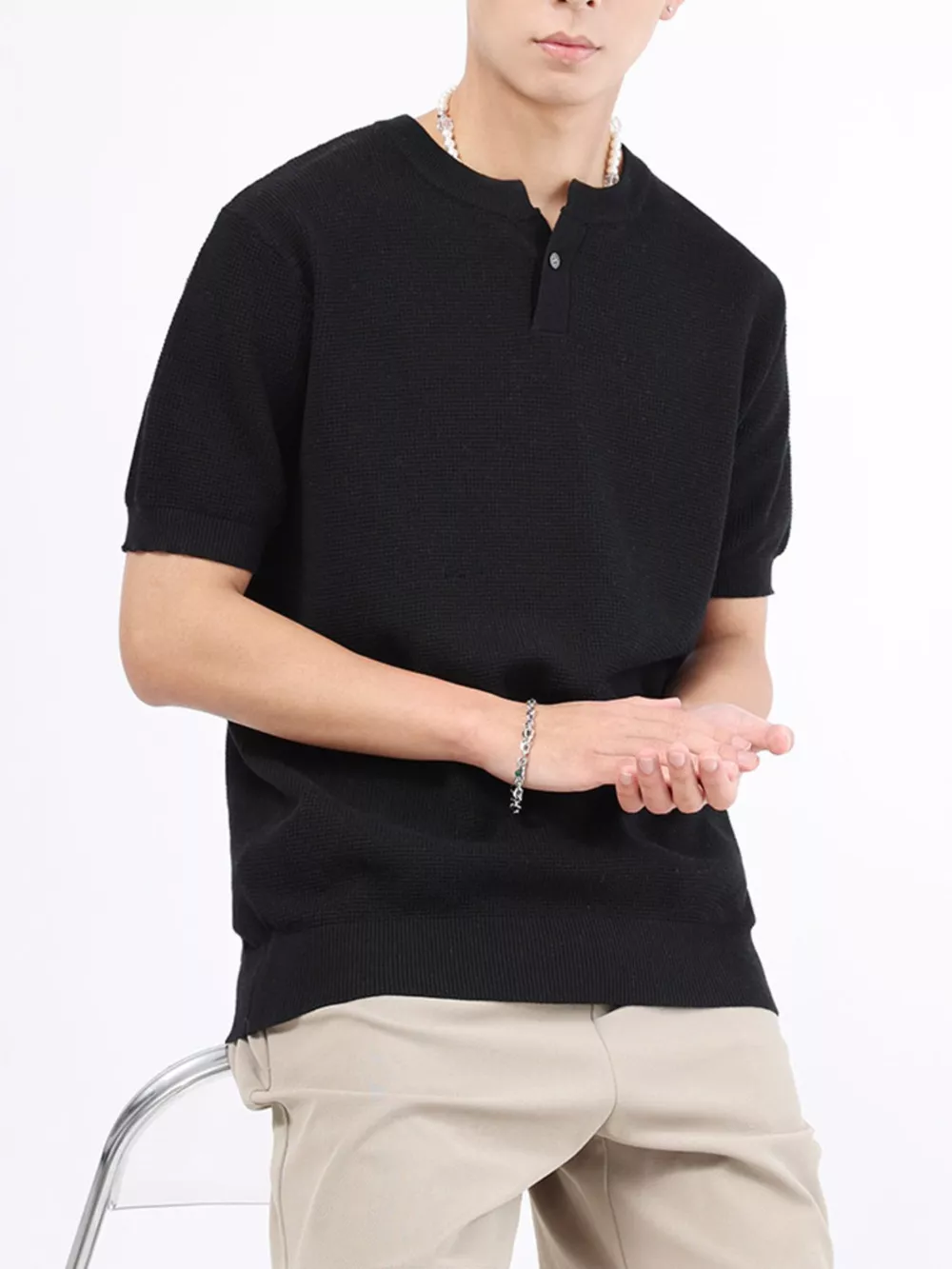 Men's Plus Size Casual Knit Henley T-Shirt, image 9