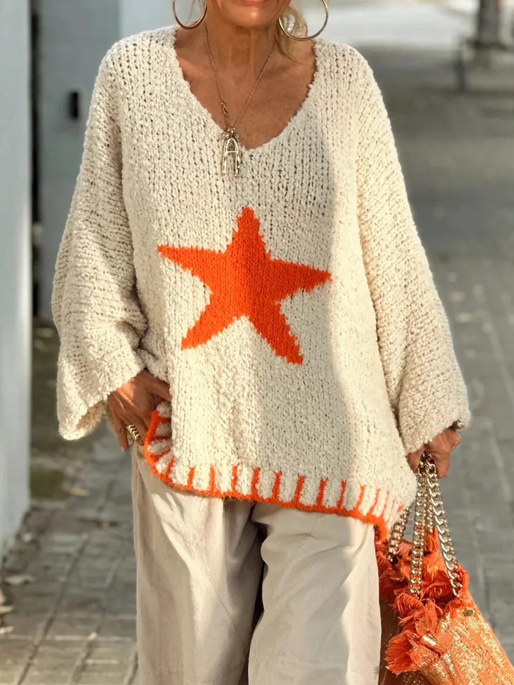 Star V-Neck Long Sleeve Oversize Sweater, image 5