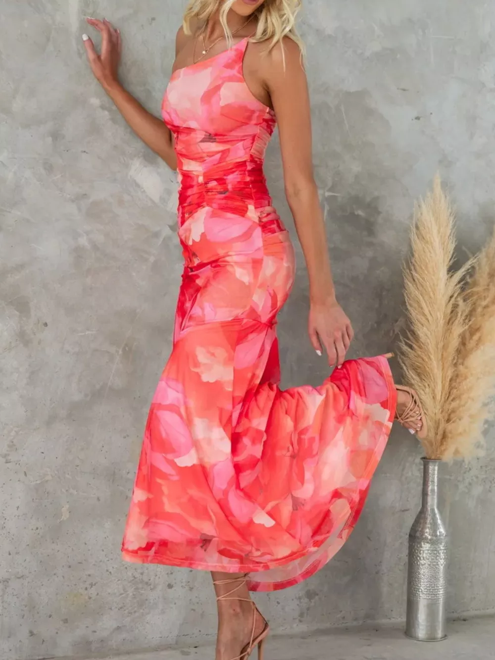 Floral Print One-Shoulder Ruched Maxi Dress, image 11