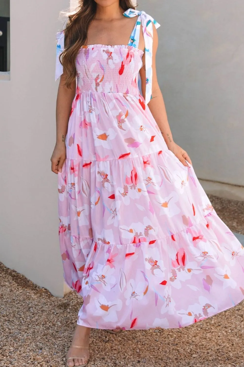 Floral Print Knotted Shoulder Smocked Maxi Dress, image 8