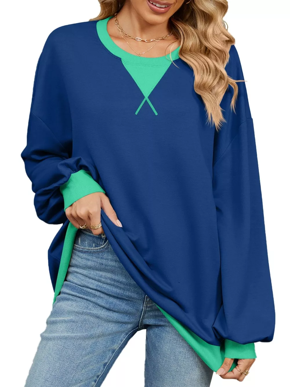 Contrast Round Neck Long Sleeve Sweatshirt