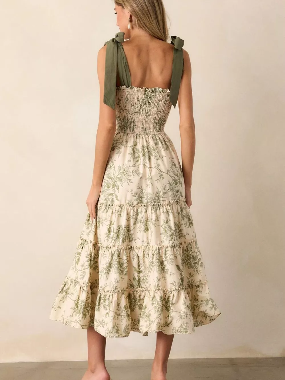 Floral Print Tiered Midi Dress with Tie Straps, image 2