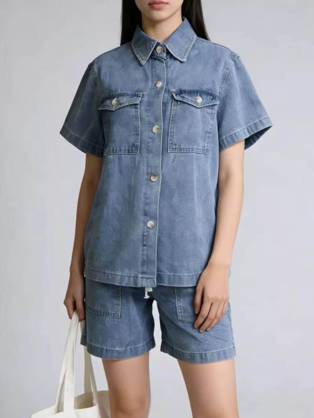 Button Up Short Sleeve Top and Shorts Denim Set, image 2