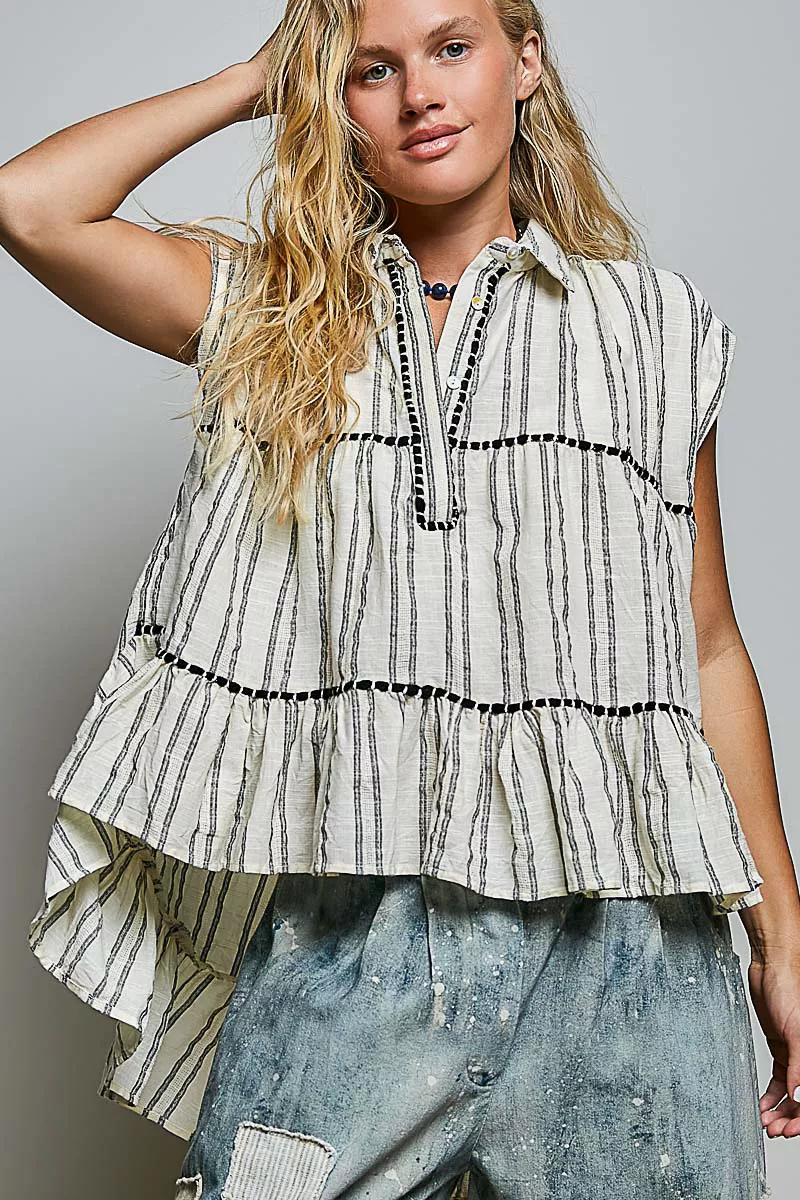 POL Striped Ruffle Collared Sleeveless Cotton Top, image 4