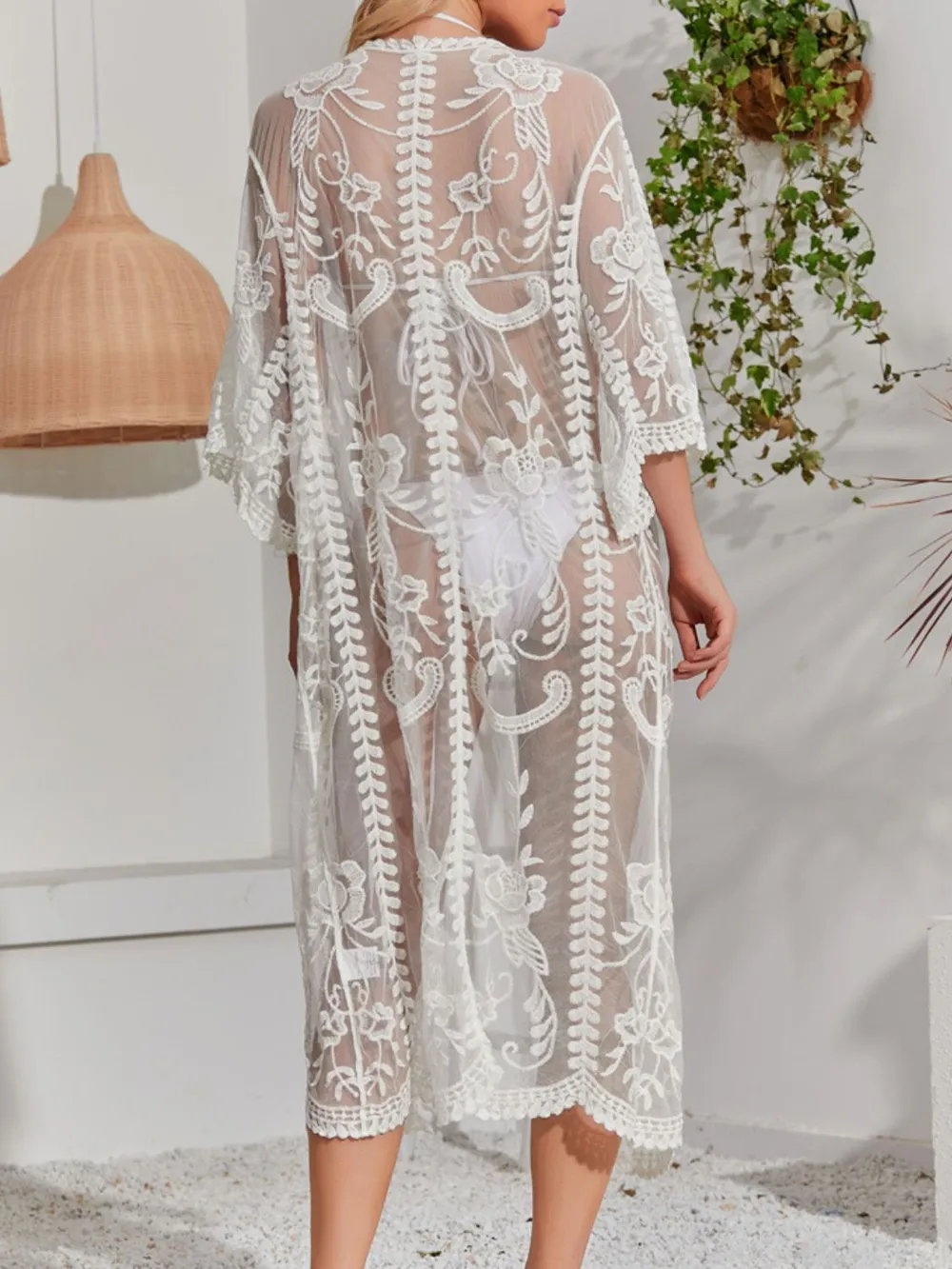 Lace Detail Open Front Longline Cover-Up, image 7