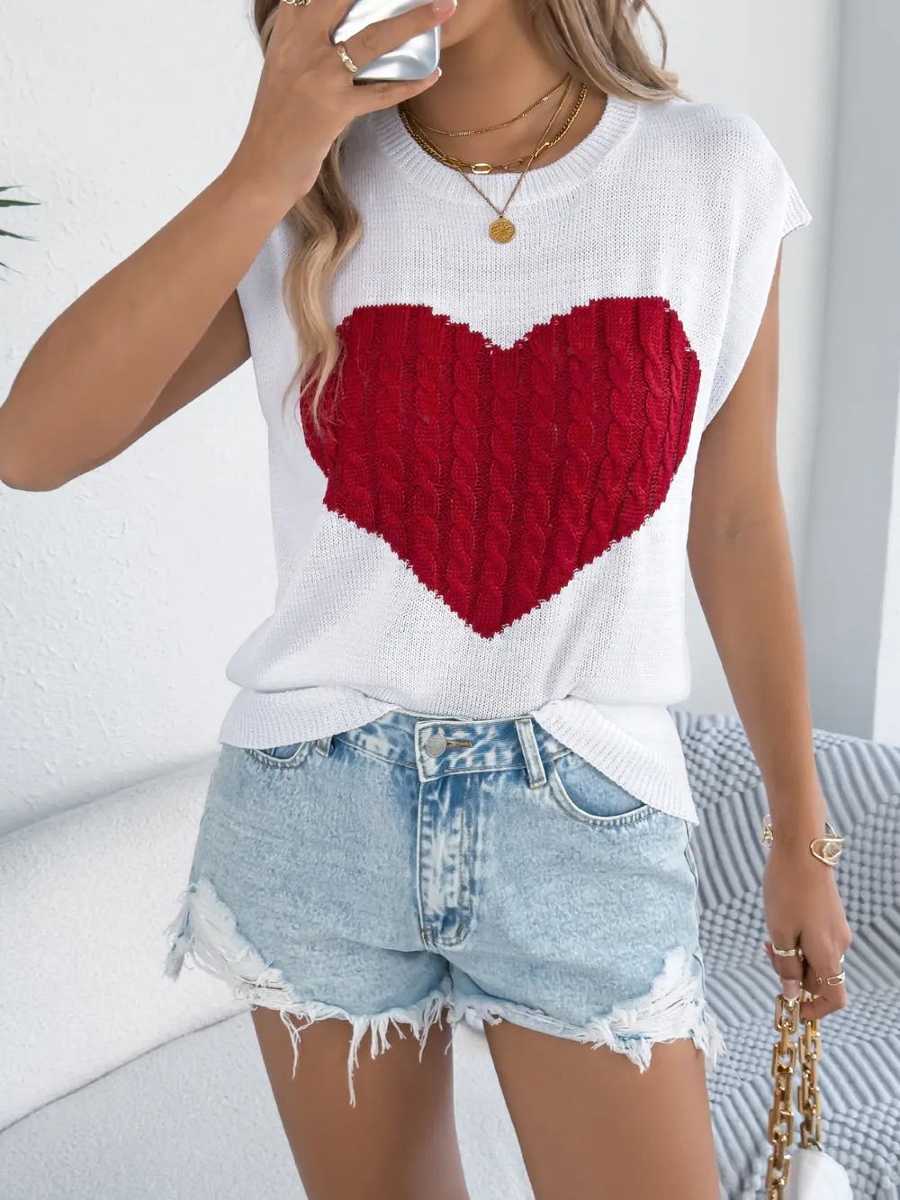 Cable Knit Heart Round Neck Cap Sleeve Knit Top, image 12