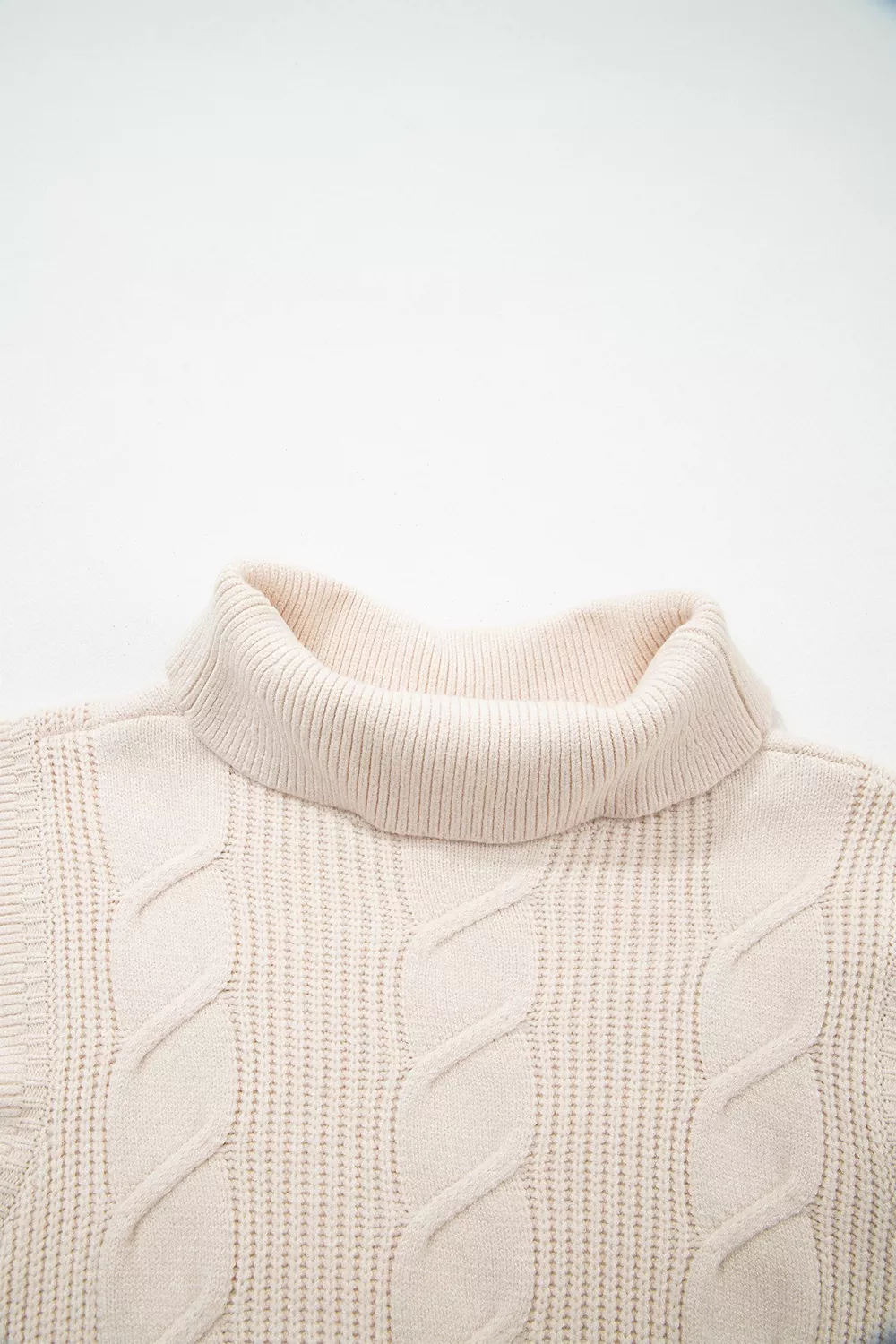 Cable Knit Turtleneck Ruffled Short Sleeve Sweater, image 18