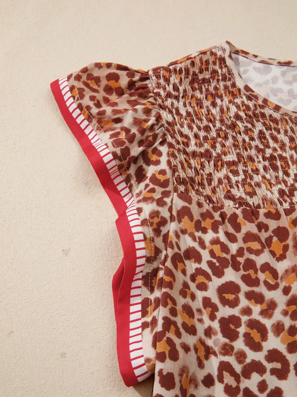 Leopard Print Smocked Notched Blouse, image 6