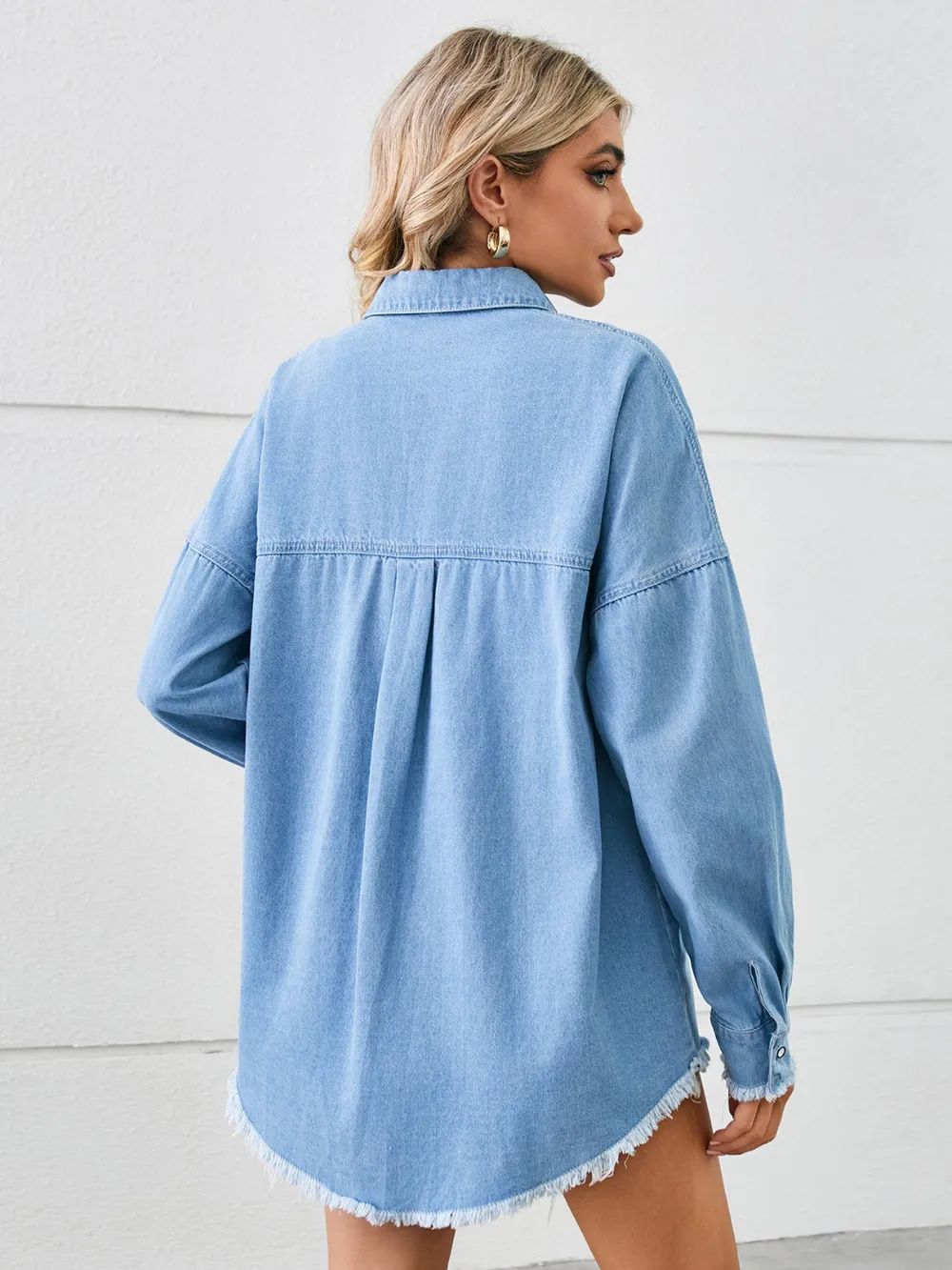 Distressed Raw Hem Dropped Shoulder Denim Jacket, image 3